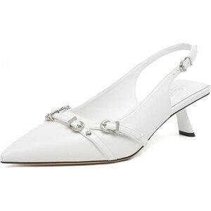 Women's White PU Pointed Toe Pumps Patent Leather Low Heel Slingback with Buckle